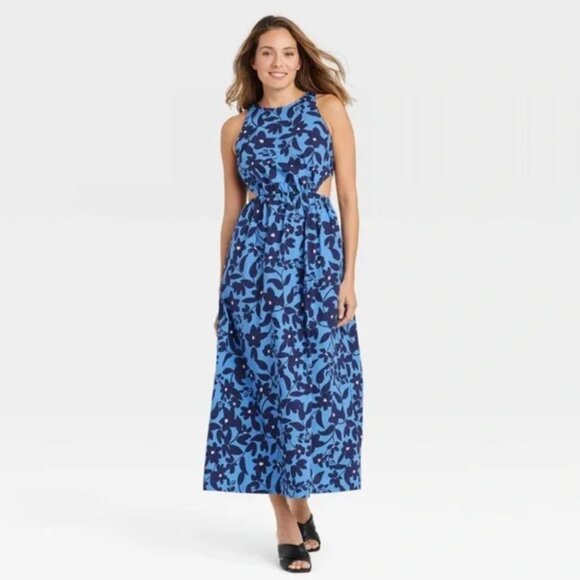 Who What Wear Target Blue Seaside Floral Maxi Dress Side Cut-Outs Size Medium - Picture 1 of 5